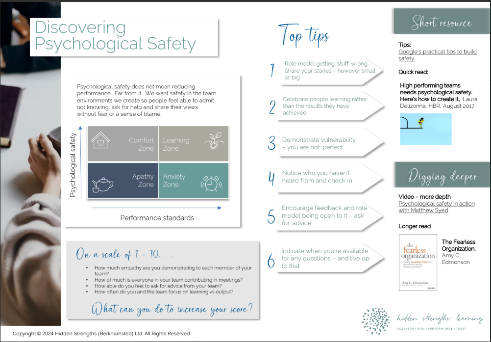 One-page summary of the psychological safety toolkit, with the four zones diagram, top tips and further resources